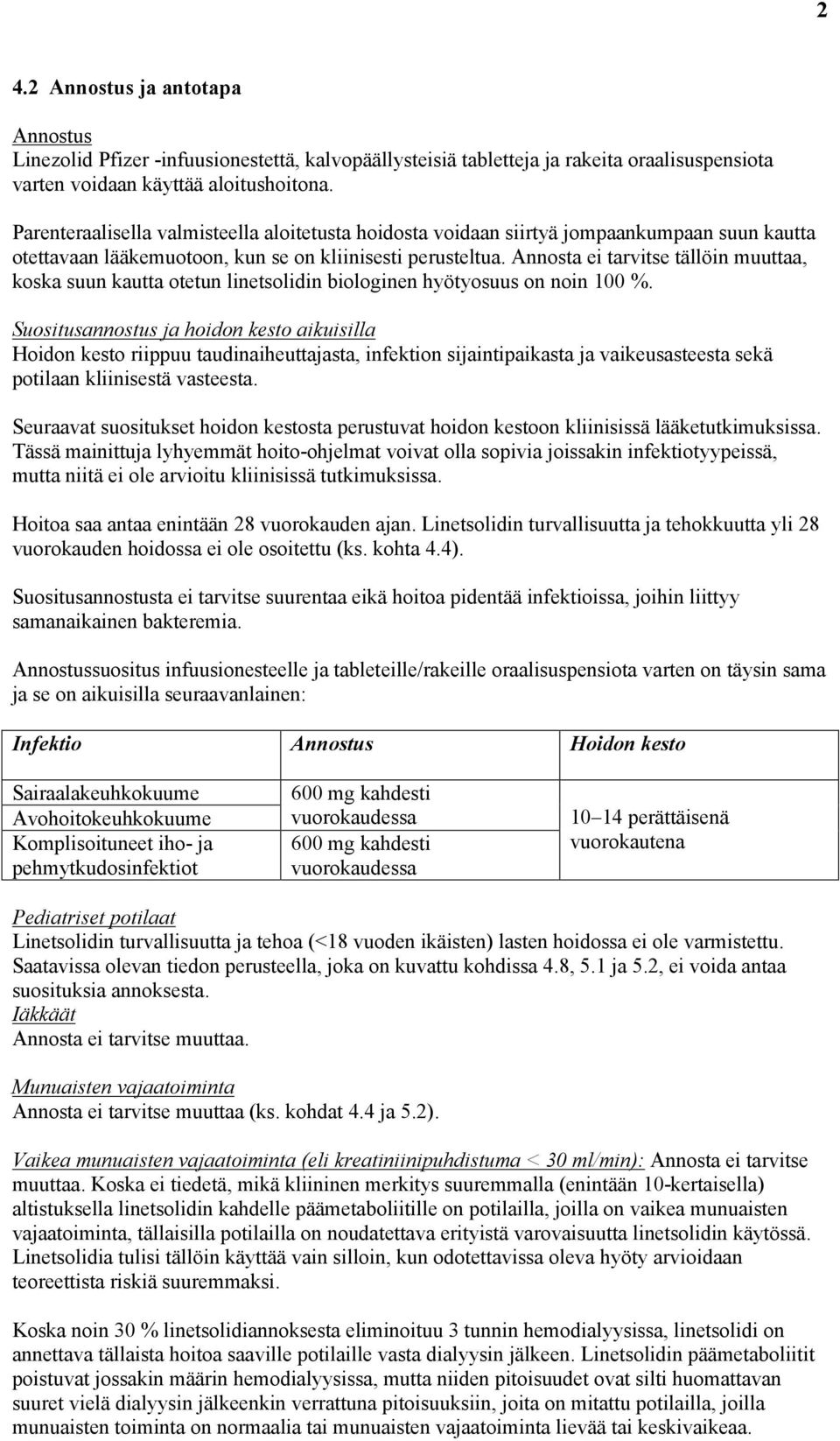 Annosta ei tarvitse tällöin muuttaa, koska suun kautta otetun linetsolidin biologinen hyötyosuus on noin 100 %.