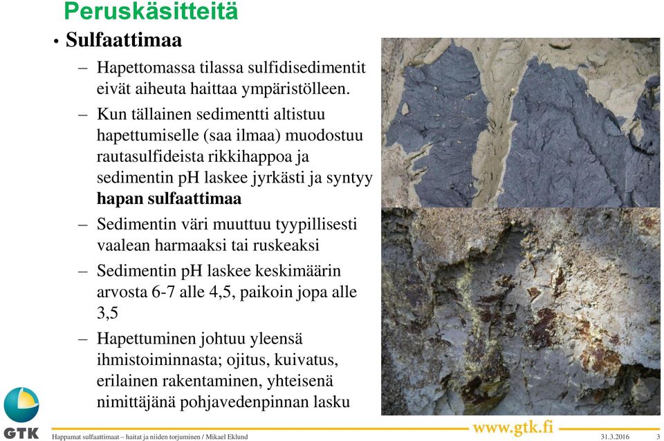 syntyy hapan sulfaattimaa Sedimentin väri muuttuu tyypillisesti vaalean harmaaksi tai ruskeaksi Sedimentin ph laskee keskimäärin arvosta