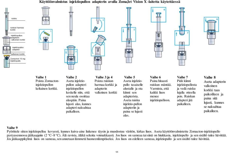Vaihe 3 ja 4 Poista ruiskun harmaa korkki ja adapterin valkoinen korkki Vaihe 5 Aseta injektiopullo tasaiselle alustalle ja ota kiinni sen adapterista.