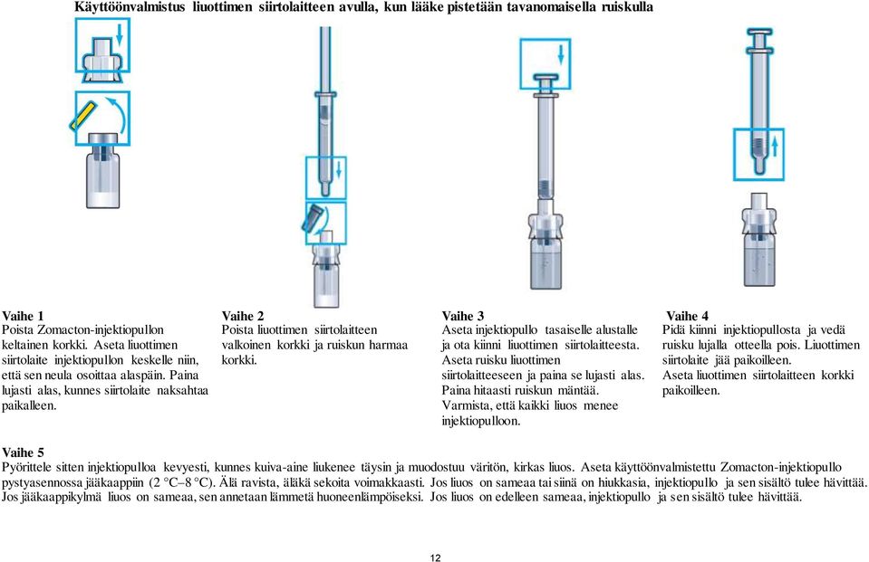 Vaihe 2 Poista liuottimen siirtolaitteen valkoinen korkki ja ruiskun harmaa korkki. Vaihe 3 Aseta injektiopullo tasaiselle alustalle ja ota kiinni liuottimen siirtolaitteesta.