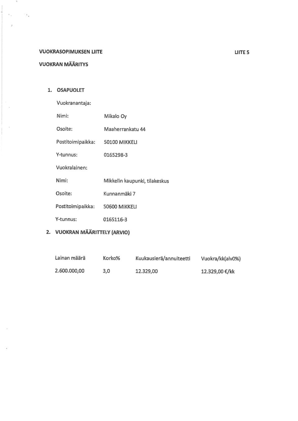 Vuokra Iai nen: Mikkelin kaupunki, tilakeskus Osoite: Kunnanmäki 7 50600 MIKKELI Y-tunnus: