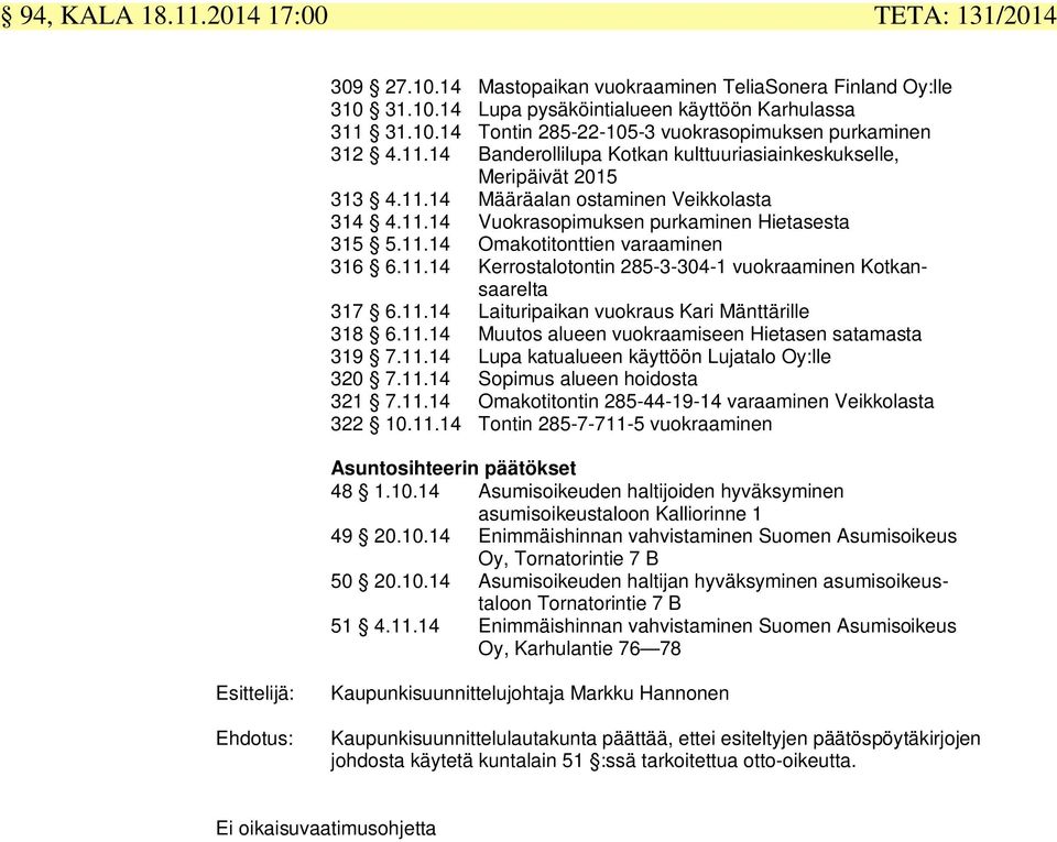 11.14 Kerrostalotontin 28-3-304-1 vuokraaminen Kotkansaelta 317 6.11.14 Laituripaikan vuokraus Ki Mänttärille 318 6.11.14 Muutos alueen vuokraamiseen Hietasen satamasta 319 7.11.14 Lupa katualueen käyttöön Lujatalo Oy:lle 3 7.