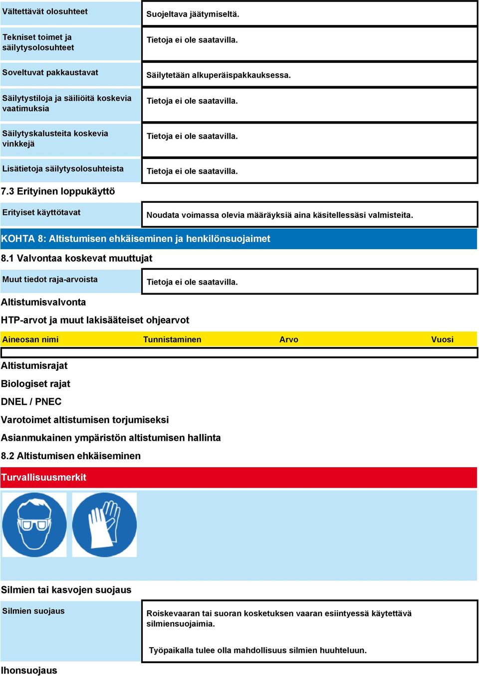 KOHTA 8: Altistumisen ehkäiseminen ja henkilönsuojaimet 8.