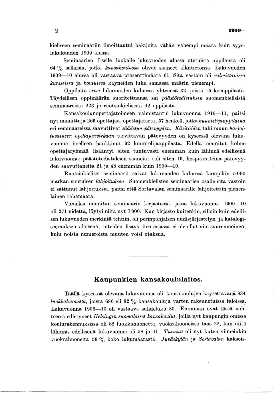 Sitä vastoin oli valmistavissa kursseissa ja kouluissa käyneiden luku samassa määrin pienempi. Oppilaita erosi lukuvuoden kuluessa yhteensä 32, joista 5 koeoppilasta.