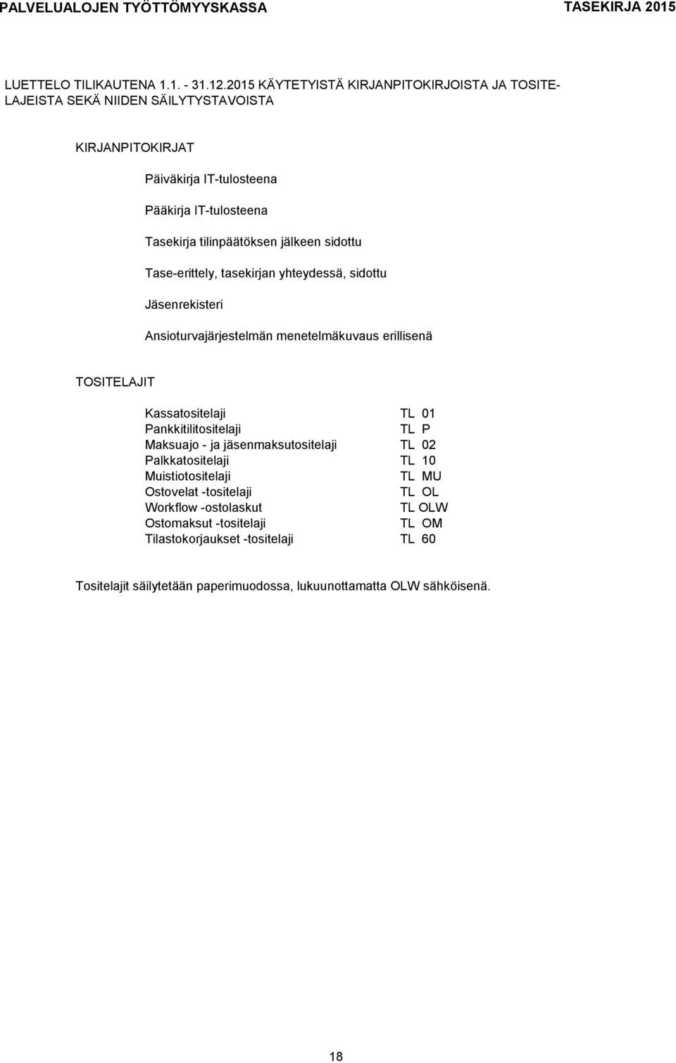 sidottu Tase-erittely, tasekirjan yhteydessä, sidottu Jäsenrekisteri Ansioturvajärjestelmän menetelmäkuvaus erillisenä TOSITELAJITositelajit: Kassatositelaji TL 01