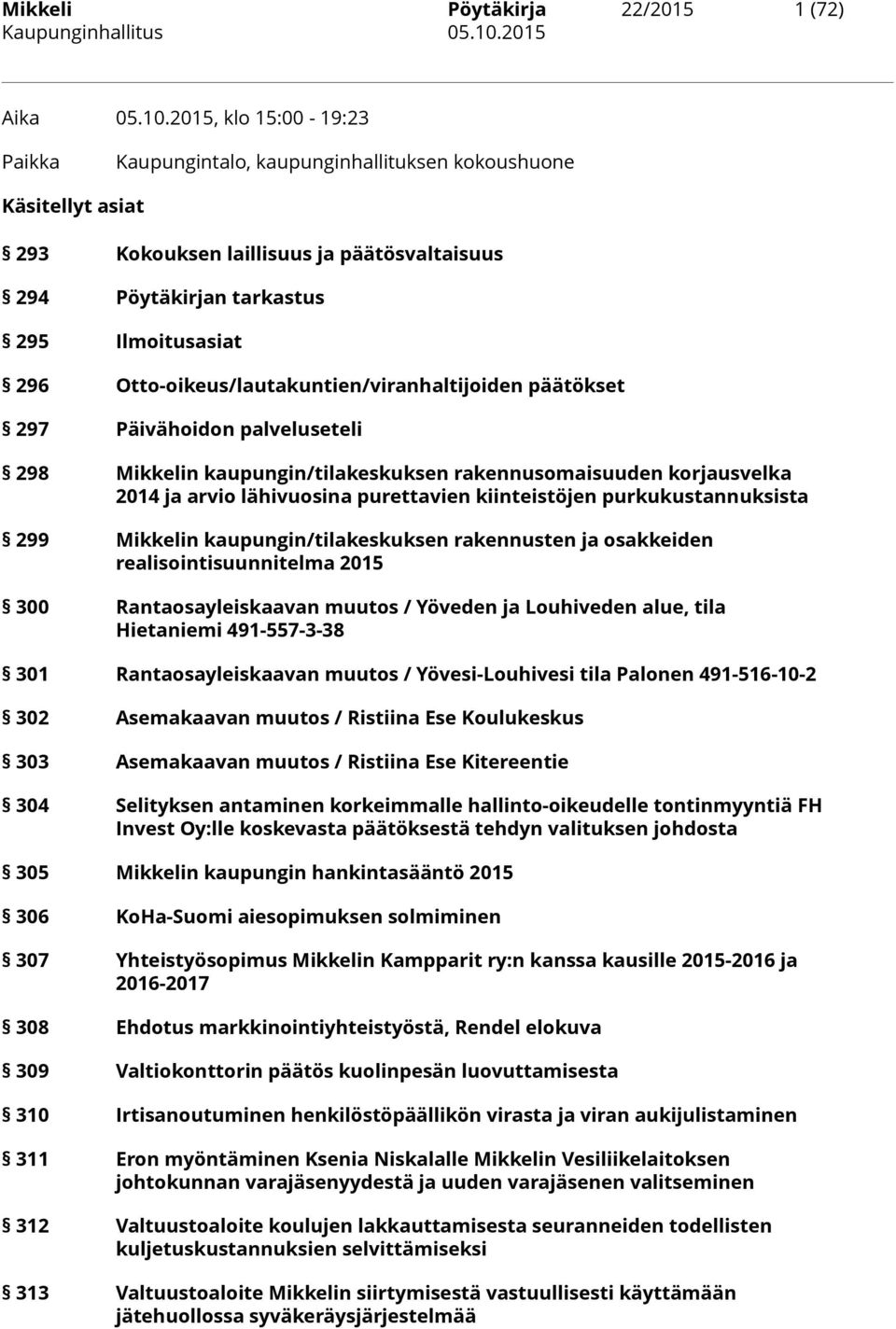 Otto-oikeus/lautakuntien/viranhaltijoiden päätökset 297 Päivähoidon palveluseteli 298 Mikkelin kaupungin/tilakeskuksen rakennusomaisuuden korjausvelka 2014 ja arvio lähivuosina purettavien