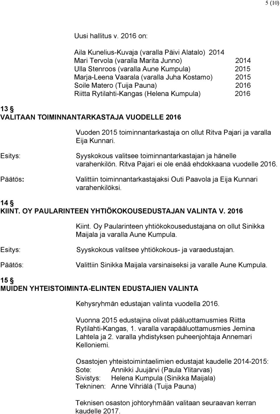 Matero (Tuija Pauna) 2016 Riitta Rytilahti Kangas (Helena Kumpula) 2016 13 VALITAAN TOIMINNANTARKASTAJA VUODELLE 2016 Vuoden 2015 toiminnantarkastaja on ollut Ritva Pajari ja varalla Eija Kunnari.