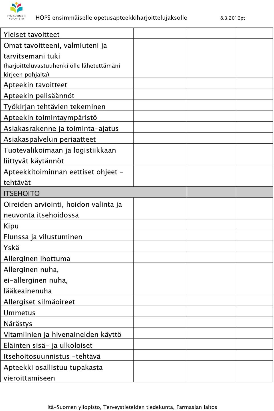 eettiset ohjeet - tehtävät ITSEHOITO Oireiden arviointi, hoidon valinta ja neuvonta itsehoidossa Kipu Flunssa ja vilustuminen Yskä Allerginen ihottuma Allerginen nuha, ei-allerginen