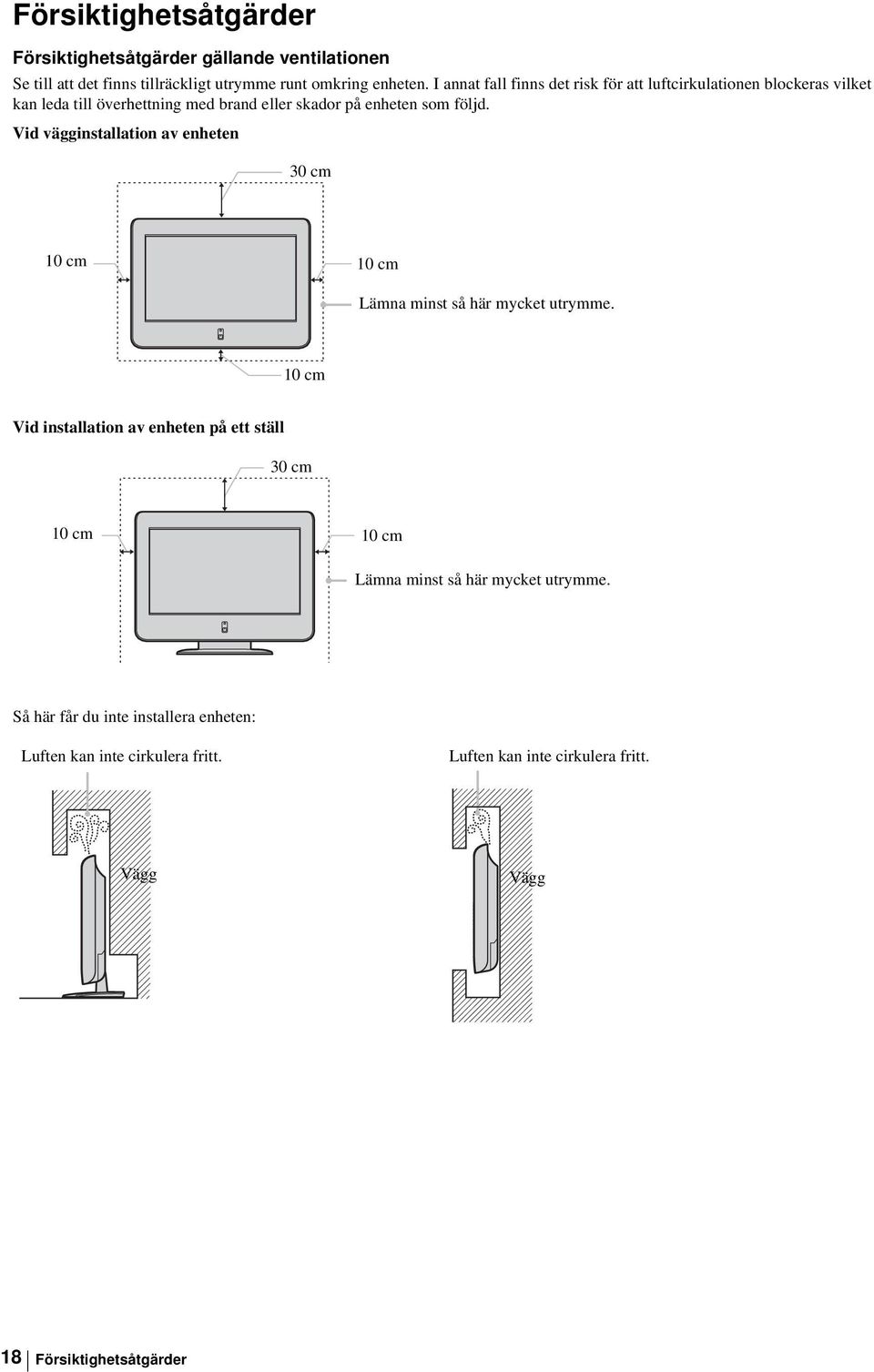 Vid vägginstallation av enheten 30 cm 10 cm 10 cm Lämna minst så här mycket utrymme.