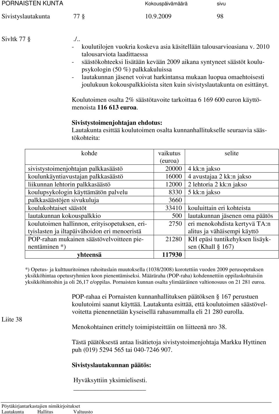 omaehtoisesti joulukuun kokouspalkkioista siten kuin sivistyslautakunta on esittänyt. Koulutoimen osalta 2% säästötavoite tarkoittaa 6 169 600 euron käyttömenoista 116 613 euroa.