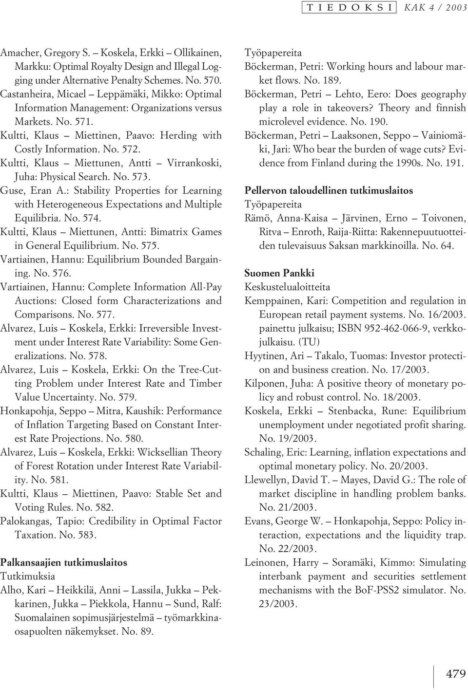 Kultti, Klaus Miettunen, Antti Virrankoski, Juha: Physical Search. No. 573. Guse, Eran A.: Stability Properties for Learning with Heterogeneous Expectations and Multiple Equilibria. No. 574.