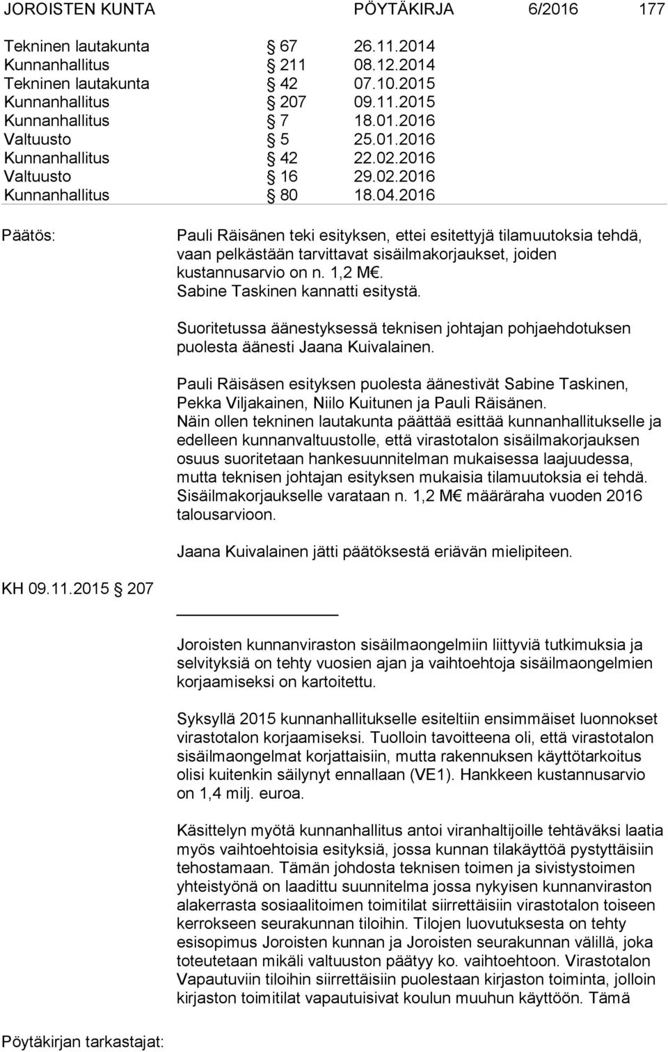 Pauli Räisäsen esityksen puolesta äänestivät Sabine Taskinen, Pekka Viljakainen, Niilo Kuitunen ja Pauli Räisänen.