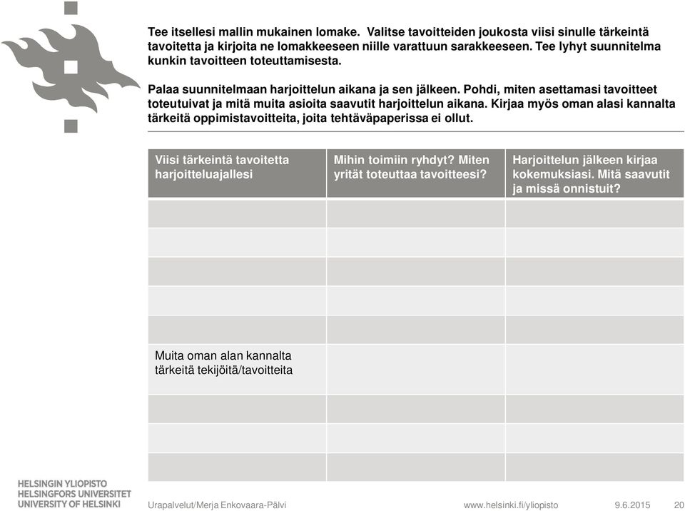 Pohdi, miten asettamasi tavoitteet toteutuivat ja mitä muita asioita saavutit harjoittelun aikana.