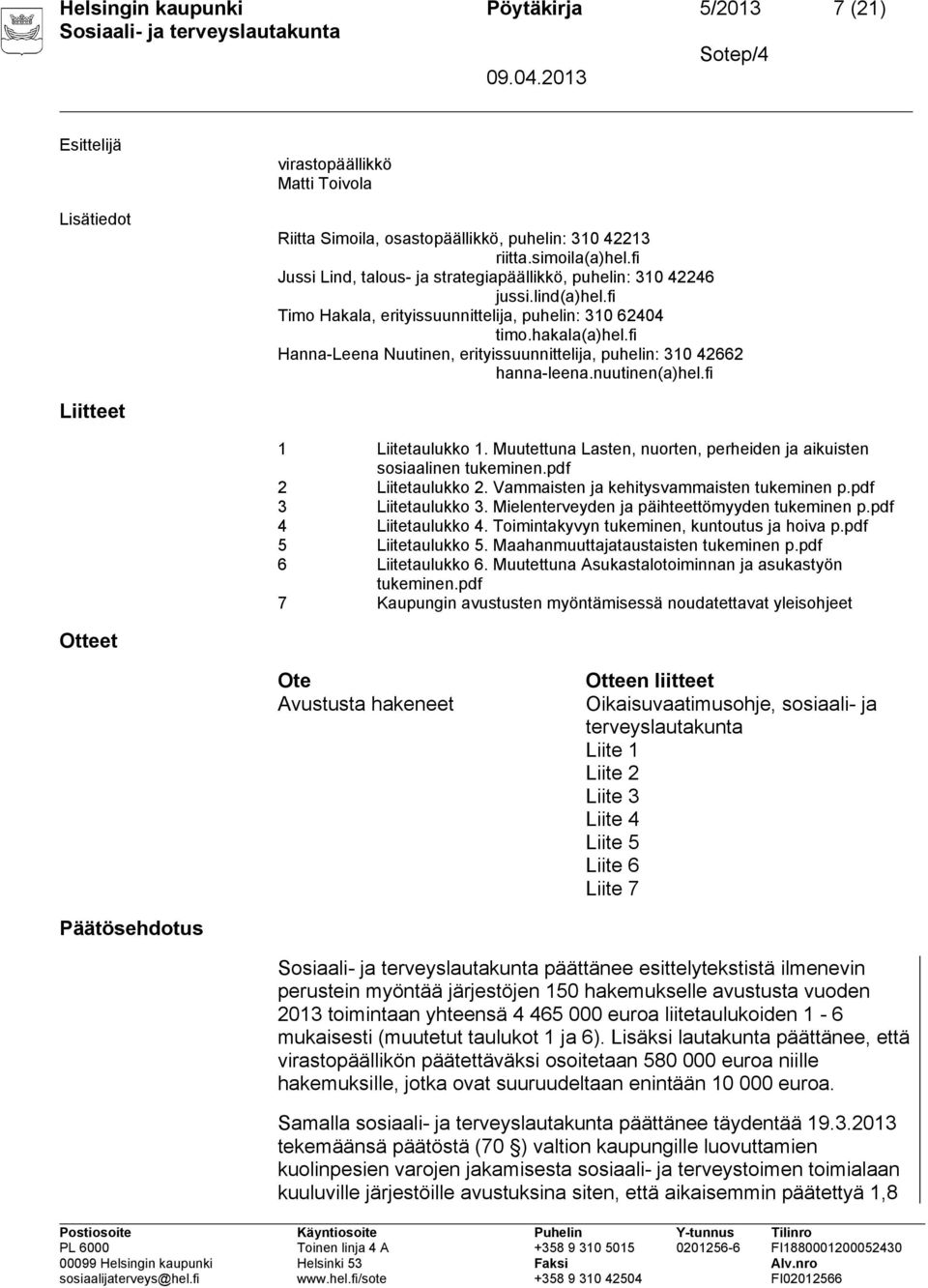 fi Hanna-Leena Nuutinen, erityissuunnittelija, puhelin: 310 42662 hanna-leena.nuutinen(a)hel.fi Liitteet 1 Liitetaulukko 1. Muutettuna Lasten, nuorten, perheiden ja aikuisten sosiaalinen tukeminen.