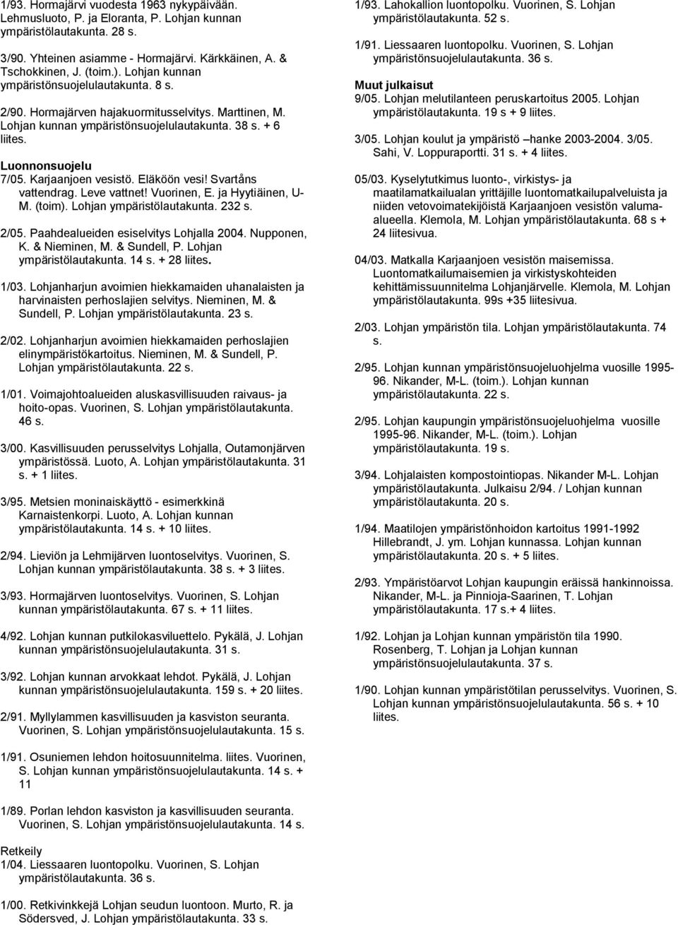 Karjaanjoen vesistö. Eläköön vesi! Svartåns vattendrag. Leve vattnet! Vuorinen, E. ja Hyytiäinen, U- M. (toim). Lohjan ympäristölautakunta. 232 s. 2/05. Paahdealueiden esiselvitys Lohjalla 2004.