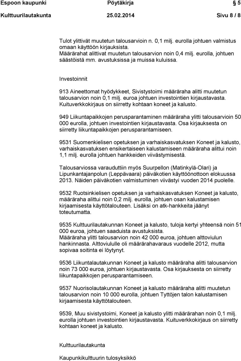 Investoinnit 913 Aineettomat hyödykkeet, Sivistystoimi määräraha alitti muutetun talousarvion noin 0,1 milj. euroa johtuen investointien kirjaustavasta.