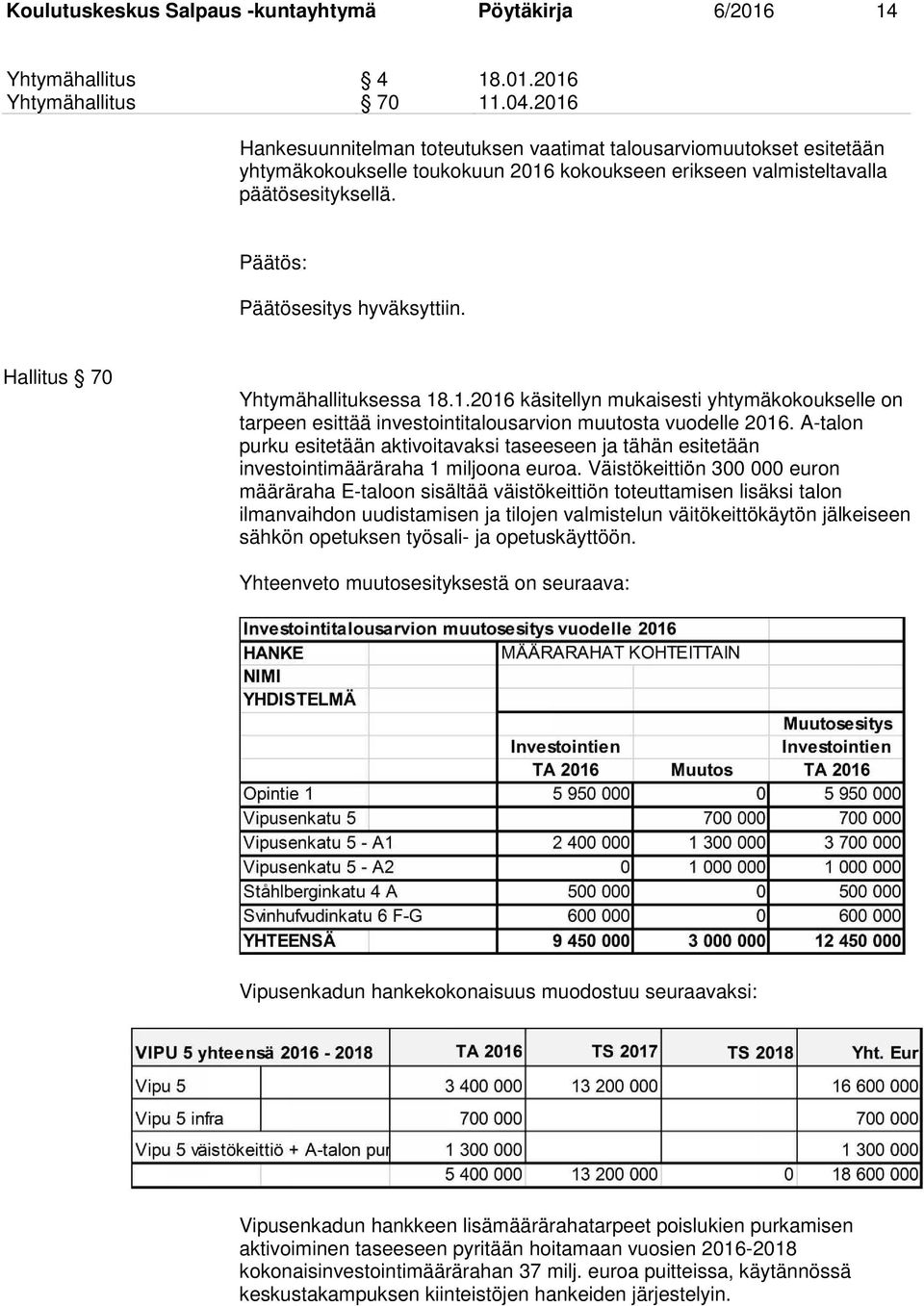Hallitus 70 Yhtymähallituksessa 18.1.2016 käsitellyn mukaisesti yhtymäkokoukselle on tarpeen esittää investointitalousarvion muutosta vuodelle 2016.