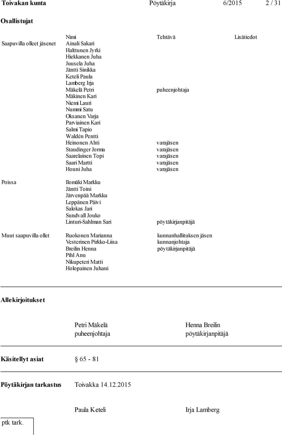 varajäsen Saari Martti varajäsen Houni Juha varajäsen Poissa Ilomäki Markku Jäntti Toini Järvenpää Markku Leppänen Päivi Salokas Jari Sundvall Jouko Linturi-Sahlman Sari pöytäkirjanpitäjä Muut