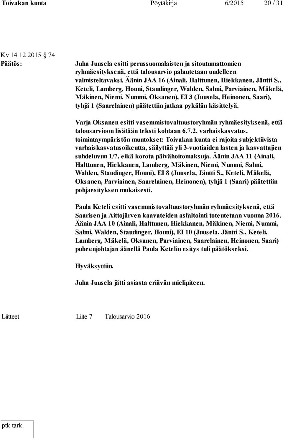 , Keteli, Lamberg, Houni, Staudinger, Walden, Salmi, Parviainen, Mäkelä, Mäkinen, Niemi, Nummi, Oksanen), EI 3 (Juusela, Heinonen, Saari), tyhjä 1 (Saarelainen) päätettiin jatkaa pykälän käsittelyä.