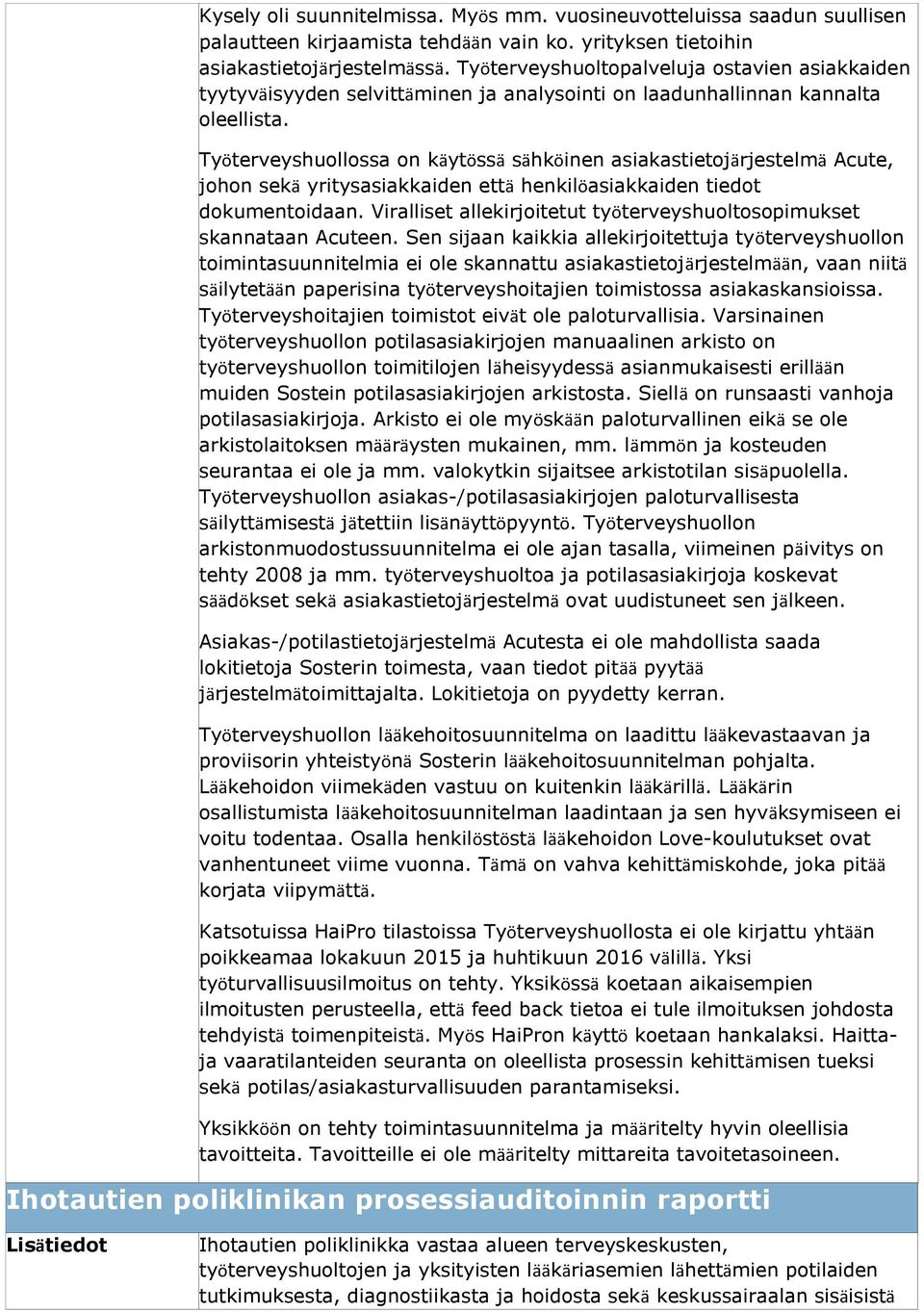 Työterveyshuollossa on käytössä sähköinen asiakastietojärjestelmä Acute, johon sekä yritysasiakkaiden että henkilöasiakkaiden tiedot dokumentoidaan.