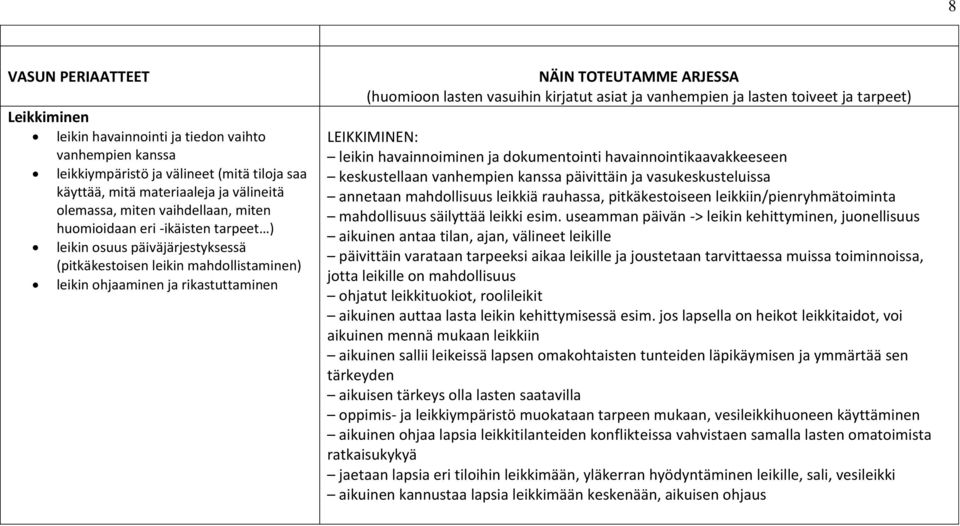 lasten vasuihin kirjatut asiat ja vanhempien ja lasten toiveet ja tarpeet) LEIKKIMINEN: leikin havainnoiminen ja dokumentointi havainnointikaavakkeeseen keskustellaan vanhempien kanssa päivittäin ja