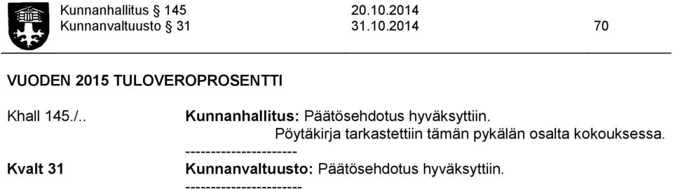 . Kvalt 31 Kunnanhallitus: Päätösehdotus hyväksyttiin.