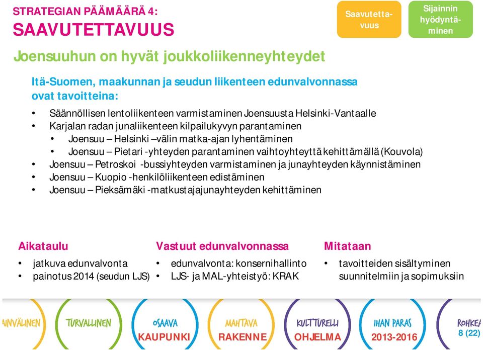 -yhteyden parantaminen vaihtoyhteyttä kehittämällä (Kouvola) Joensuu Petroskoi -bussiyhteyden varmistaminen ja junayhteyden käynnistäminen Joensuu Kuopio -henkilöliikenteen edistäminen Joensuu