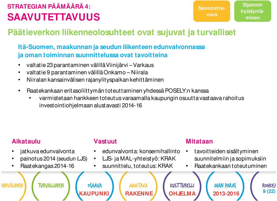 kehittäminen Raatekankaan eritasoliittymän toteuttaminen yhdessä POSELY:n kanssa varmistetaan hankkeen toteutus varaamalla kaupungin osuutta vastaava rahoitus investointiohjelmaan alustavasti 2014-16