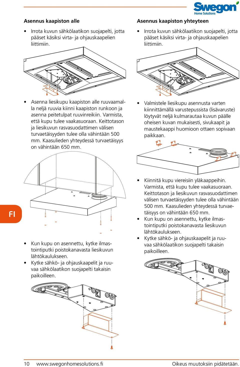 Asenna liesikupu kaapiston alle ruuvaamalla neljä ruuvia kiinni kaapiston runkoon ja asenna peitetulpat ruuvinreikiin. Varmista, että kupu tulee vaakasuoraan.