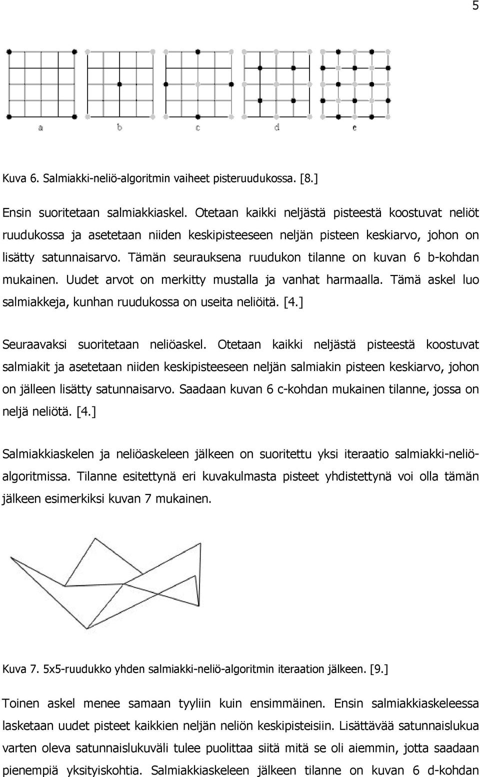 Tämän seurauksena ruudukon tilanne on kuvan 6 b-kohdan mukainen. Uudet arvot on merkitty mustalla ja vanhat harmaalla. Tämä askel luo salmiakkeja, kunhan ruudukossa on useita neliöitä. [4.