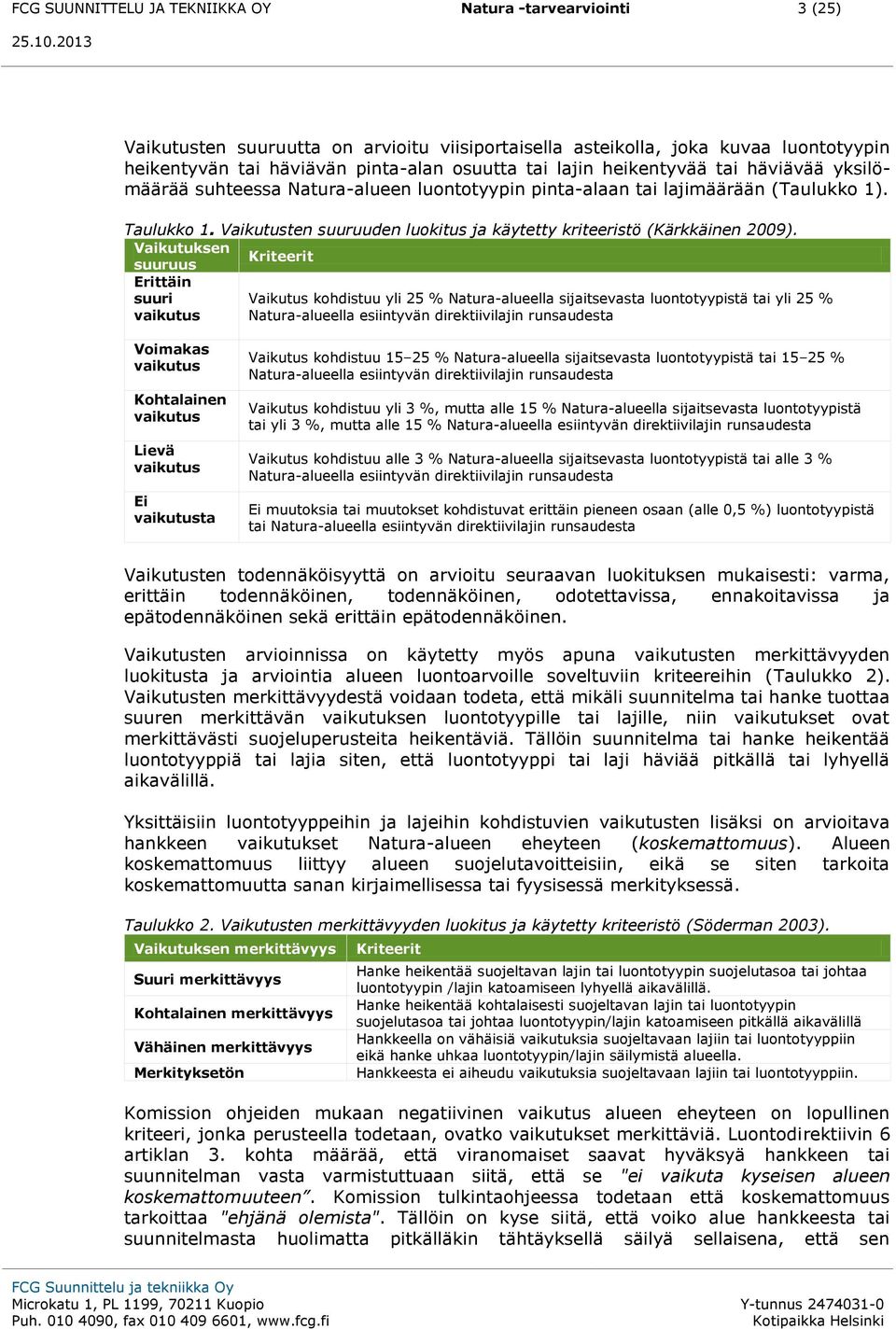 Vaikutusten suuruuden luokitus ja käytetty kriteeristö (Kärkkäinen 2009).