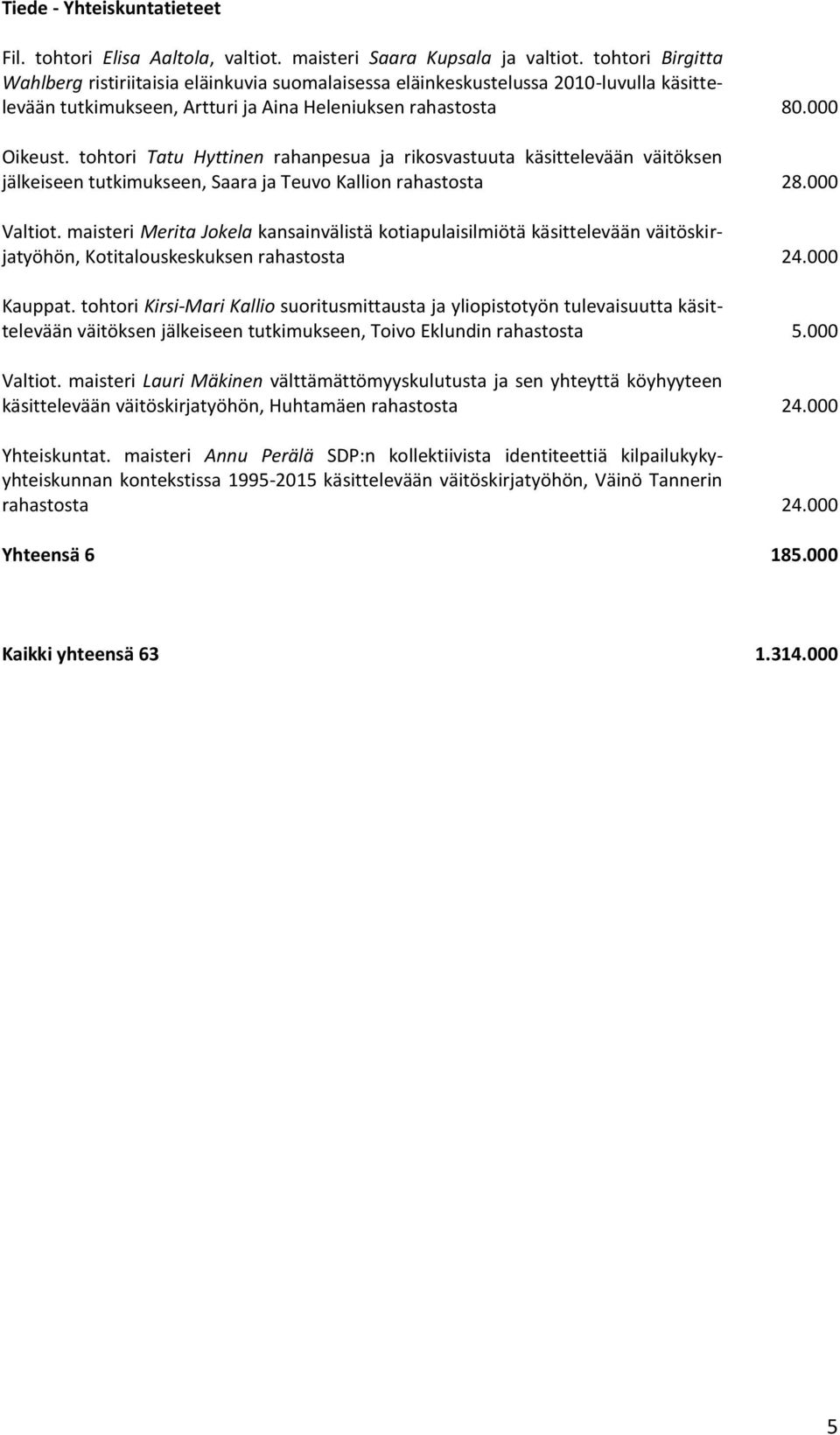 tohtori Tatu Hyttinen rahanpesua ja rikosvastuuta käsittelevään väitöksen jälkeiseen tutkimukseen, Saara ja Teuvo Kallion rahastosta 28.000 Valtiot.
