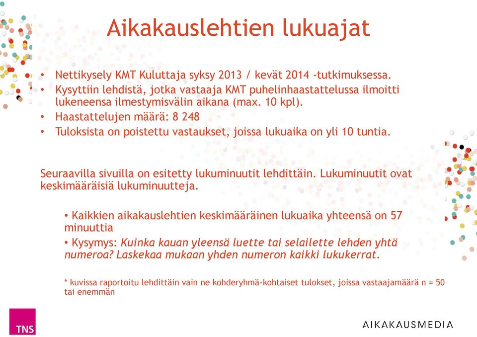 Haastattelujen määrä: 8 248 Tuloksista on poistettu vastaukset, joissa lukuaika on yli 10 tuntia. Seuraavilla sivuilla on esitetty lukuminuutit lehdittäin.