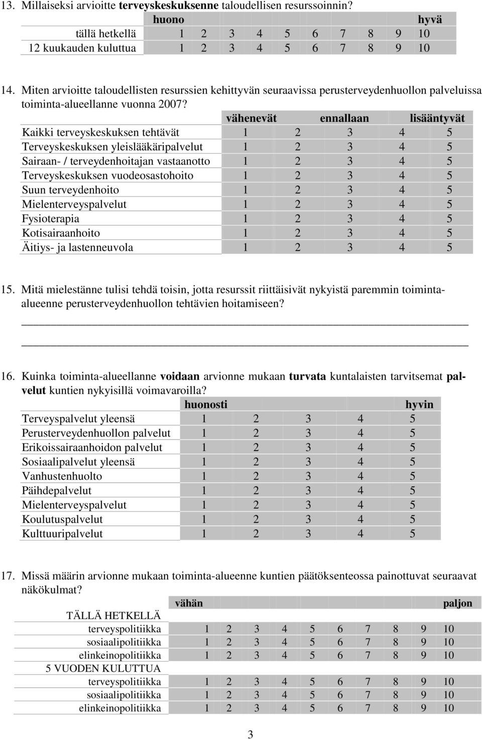 vähenevät ennallaan lisääntyvät Kaikki terveyskeskuksen tehtävät 1 2 3 4 5 Terveyskeskuksen yleislääkäripalvelut 1 2 3 4 5 Sairaan- / terveydenhoitajan vastaanotto 1 2 3 4 5 Terveyskeskuksen