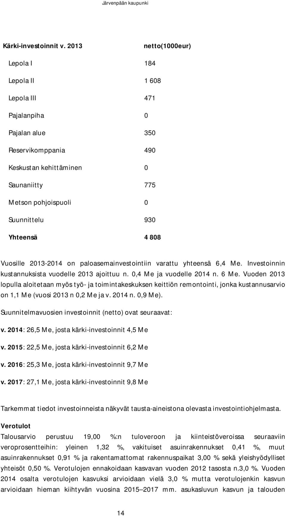 Yhteensä 4 808 Vuosille 2013-2014 on paloasemainvestointiin varattu yhteensä 6,4 Me. Investoinnin kustannuksista vuodelle 2013 ajoittuu n. 0,4 Me ja vuodelle 2014 n. 6 Me.