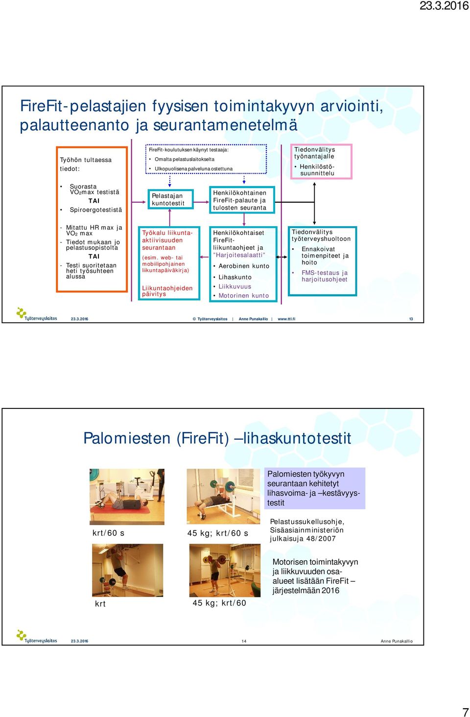 Mitattu HR max ja VO2 max - Tiedot mukaan jo pelastusopistolta TAI - Testi suoritetaan heti työsuhteen alussa Työkalu liikuntaaktiivisuuden seurantaan (esim.