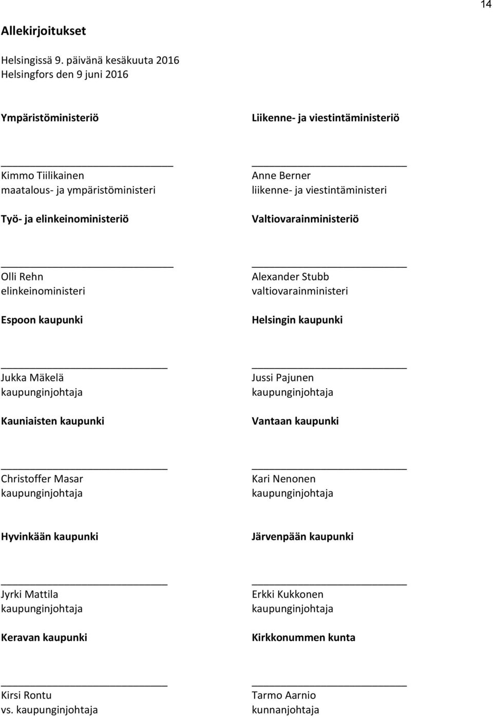 Anne Berner liikenne- ja viestintäministeri Valtiovarainministeriö Olli Rehn elinkeinoministeri Espoon kaupunki Alexander Stubb valtiovarainministeri Helsingin kaupunki Jukka Mäkelä