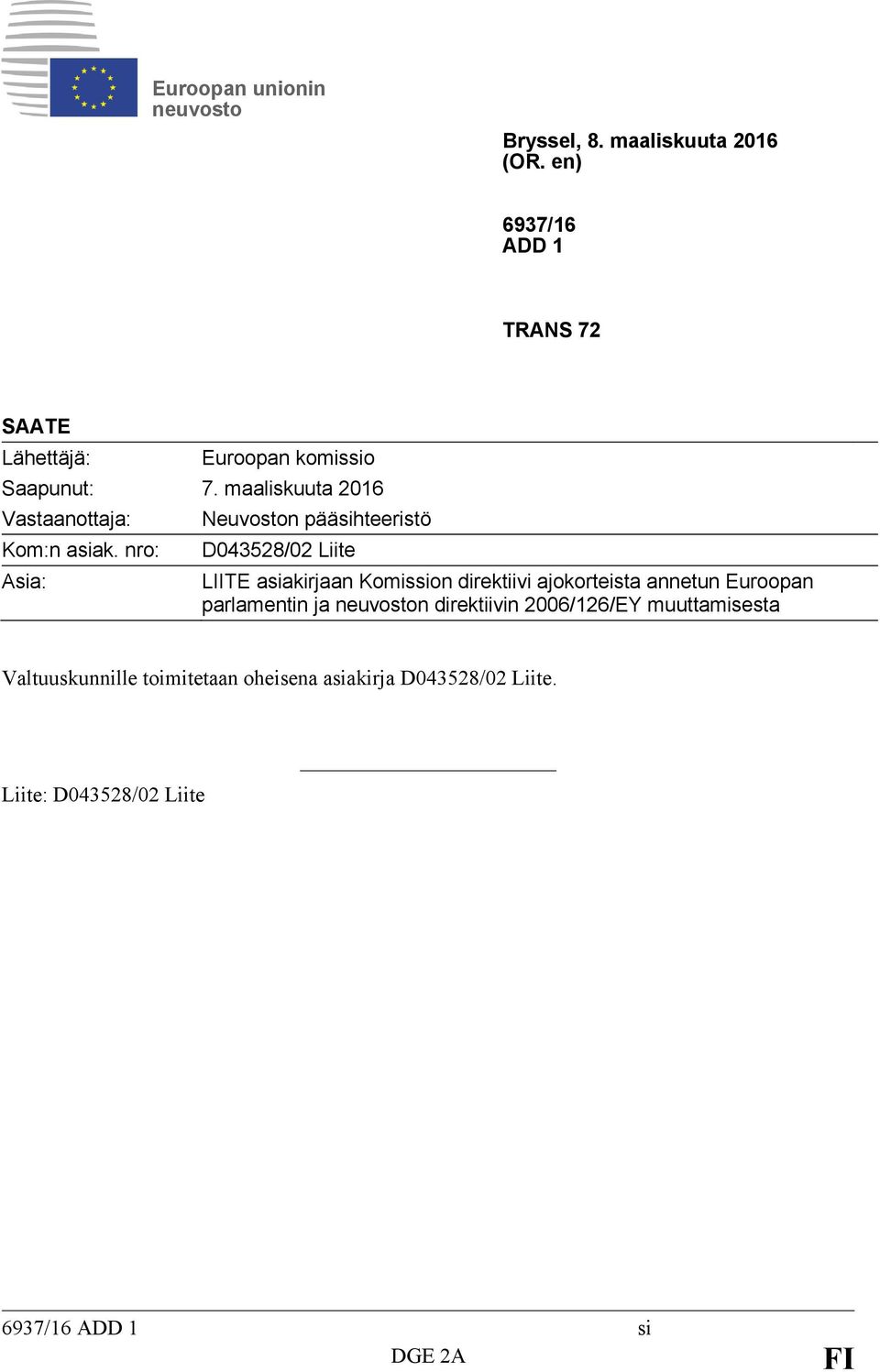 nro: Asia: Neuvoston pääsihteeristö D043528/02 Liite LIITE asiakirjaan Komission direktiivi ajokorteista annetun