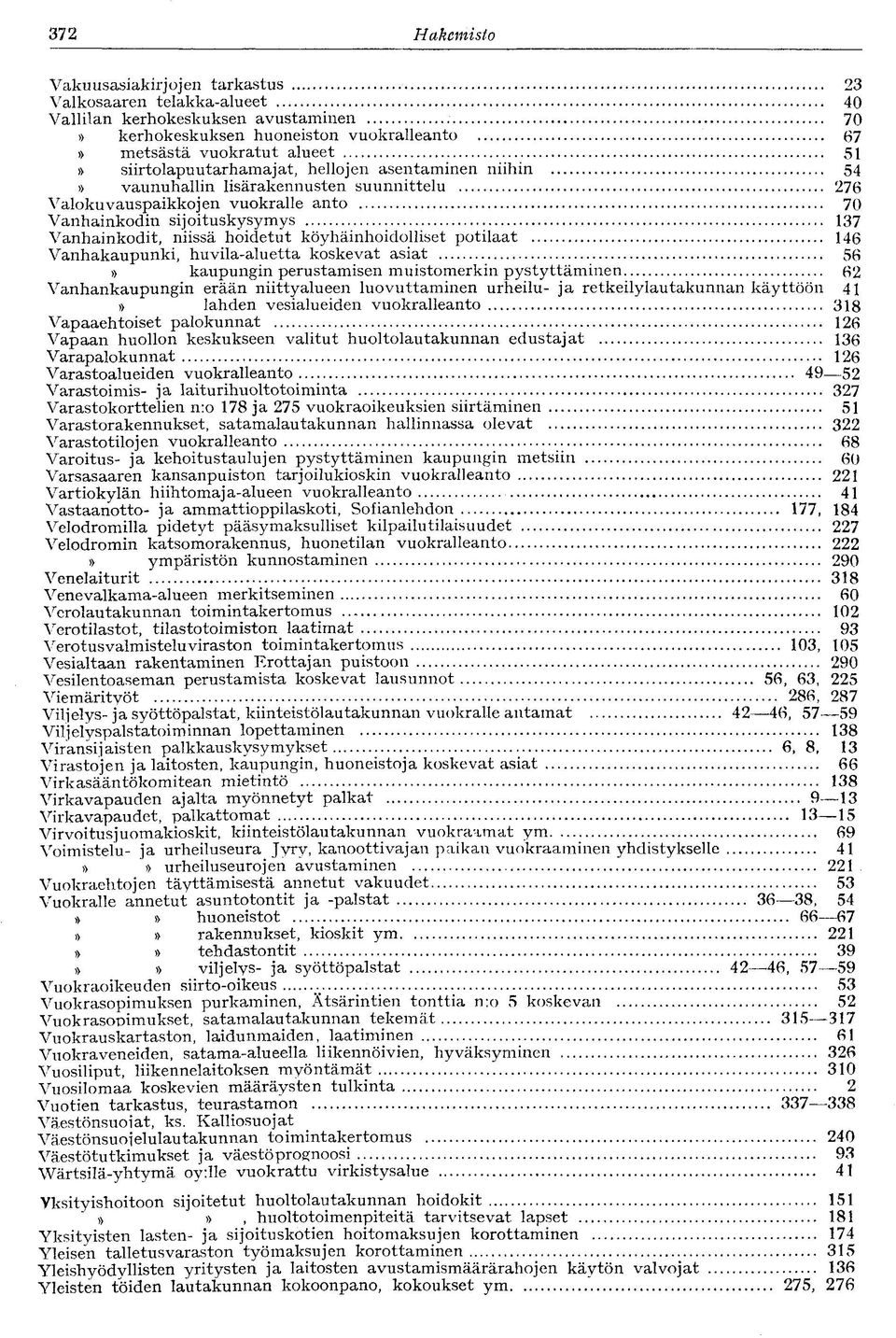 niissä h o i d e t u t köyhäinhoidolliset p o t i l a a t 146 Vanhakaupunki, huvila-aluetta koskevat asiat 56 kaupungin perustamisen muistomerkin pystyttäminen 62 Vanhankaupungin erään niittyalueen