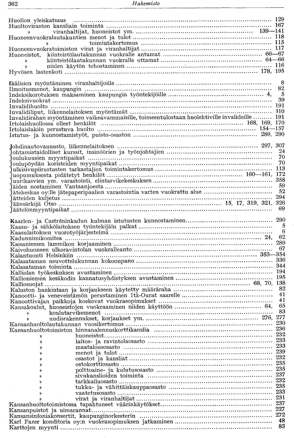 lastenkoti 178, 195 Ikälisien myöntäminen viranhaltijoille 8 Ilmoitusmenot, kaupungin 82 Indeksikorotuksen maksaminen kaupungin työntekijöille 4, 5 Indeksivuokrat 39 Invalidihuolto 191 Invalidiliput,