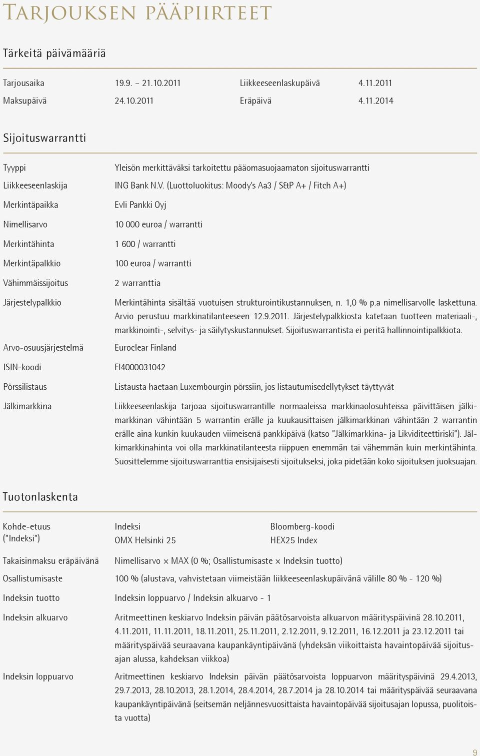 2011 Maksupäivä 24.10.2011 Eräpäivä 4.11.2014 Sijoituswarrantti Tyyppi Liikkeeseenlaskija Merkintäpaikka Nimellisarvo Merkintähinta Merkintäpalkkio Vähimmäissijoitus Järjestelypalkkio