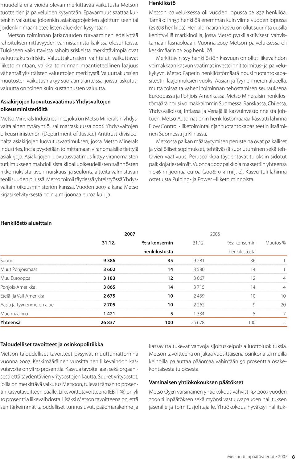 Metson toiminnan jatkuvuuden turvaaminen edellyttää rahoituksen riittävyyden varmistamista kaikissa olosuhteissa. Tulokseen vaikuttavista rahoitusriskeistä merkittävimpiä ovat valuuttakurssiriskit.