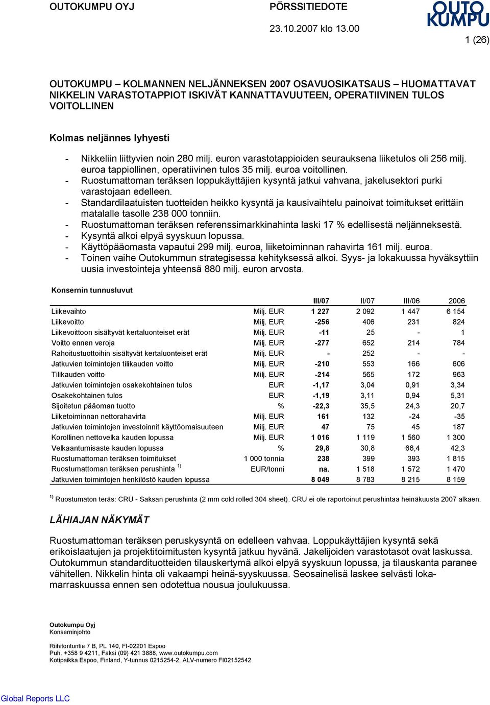 liittyvien noin 280 milj. euron varastotappioiden seurauksena liiketulos oli 256 milj. euroa tappiollinen, operatiivinen tulos 35 milj. euroa voitollinen.