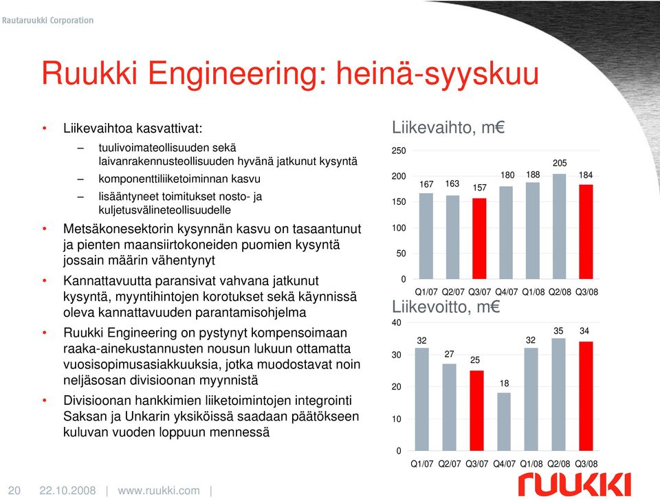 jatkunut kysyntä, myyntihintojen korotukset sekä käynnissä oleva kannattavuuden parantamisohjelma Ruukki Engineering on pystynyt kompensoimaan raaka-ainekustannusten nousun lukuun ottamatta