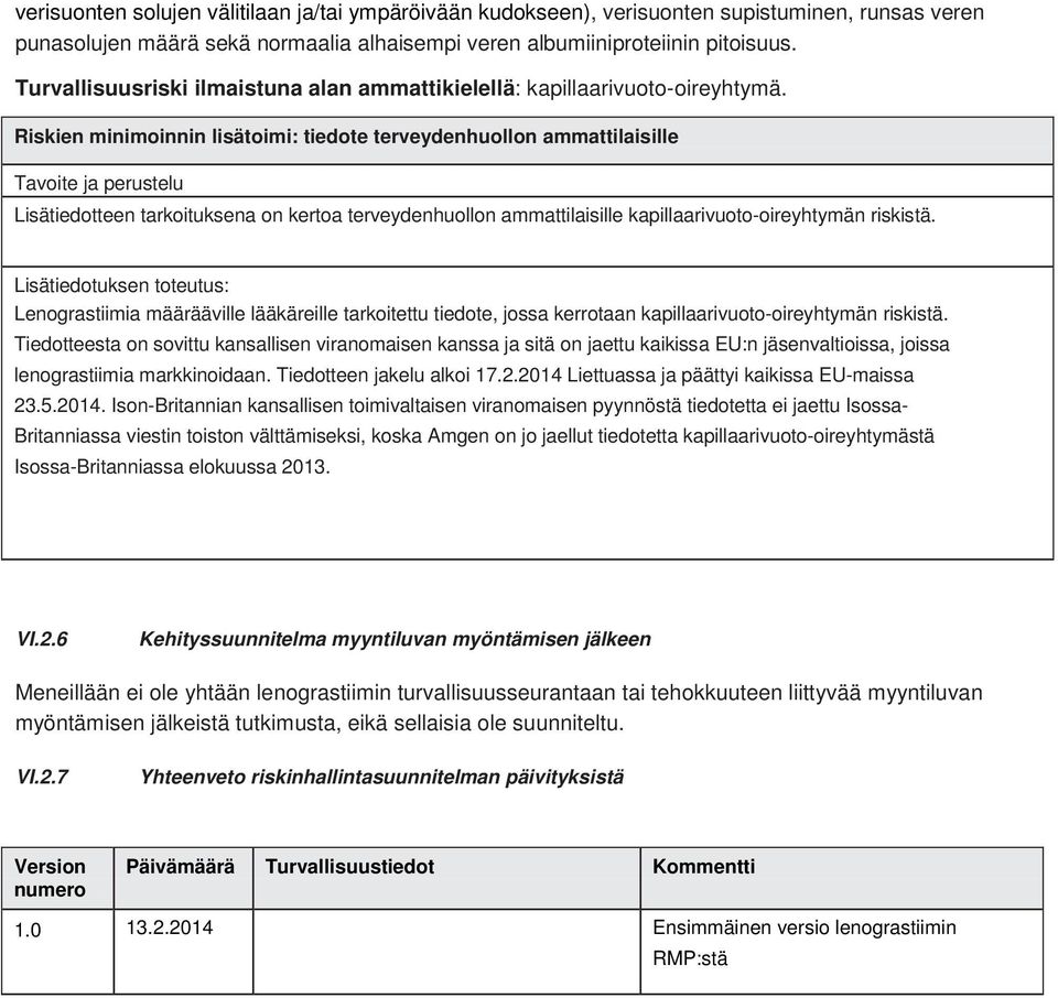 Riskien minimoinnin lisätoimi: tiedote terveydenhuollon ammattilaisille Tavoite ja perustelu Lisätiedotteen tarkoituksena on kertoa terveydenhuollon ammattilaisille kapillaarivuoto-oireyhtymän