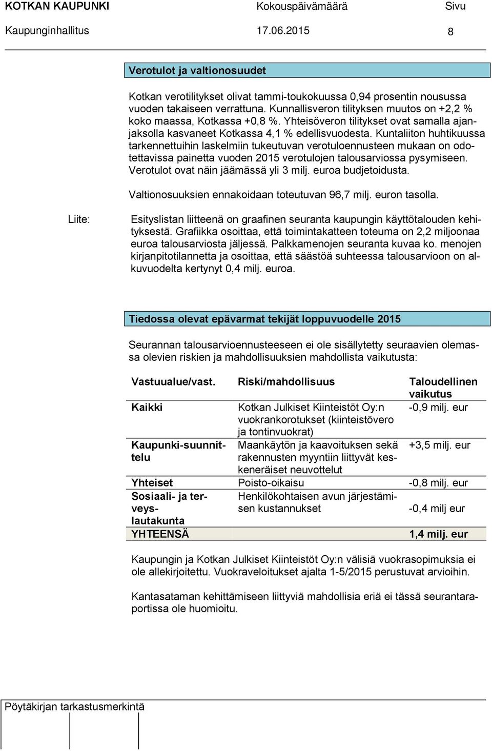 Kuntaliiton huhtikuussa tarkennettuihin laskelmiin tukeutuvan verotuloennusteen mukaan on odotettavissa painetta vuoden 2015 verotulojen talousarviossa pysymiseen.