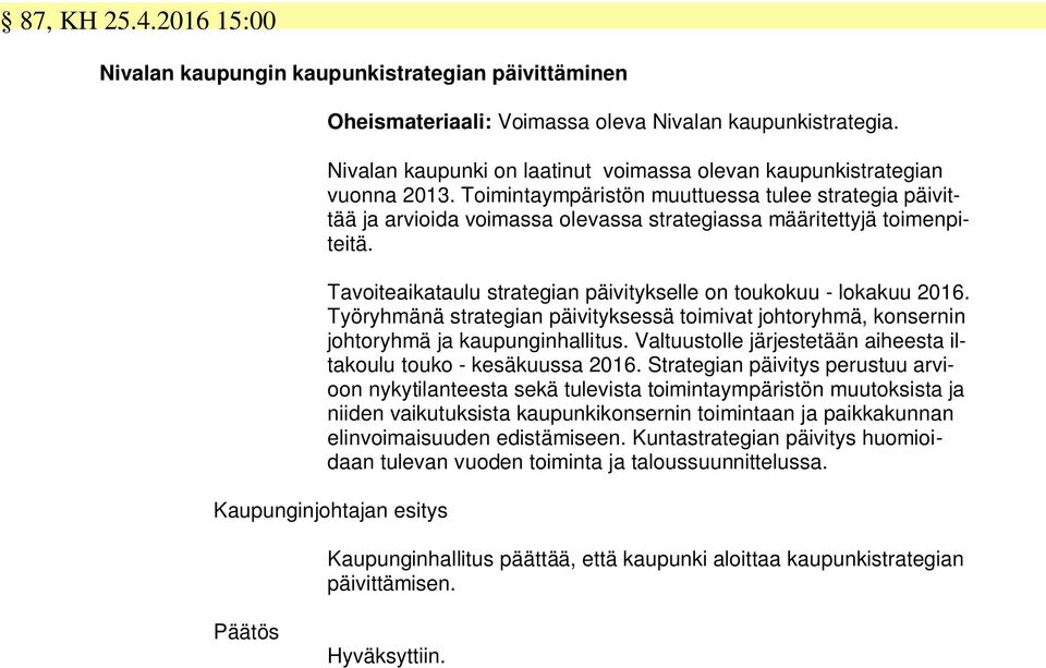 Toimintaympäristön muuttuessa tulee strategia päivittää ja arvioida voimassa olevassa strategiassa määritettyjä toimenpiteitä. Tavoiteaikataulu strategian päivitykselle on toukokuu - lokakuu 2016.