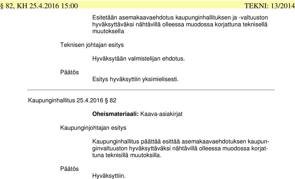 teknisellä muutoksella TEKNI: 13/2014 Teknisen johtajan esitys Hyväksytään valmistelijan ehdotus. Esitys hyväksyttiin yksimielisesti.