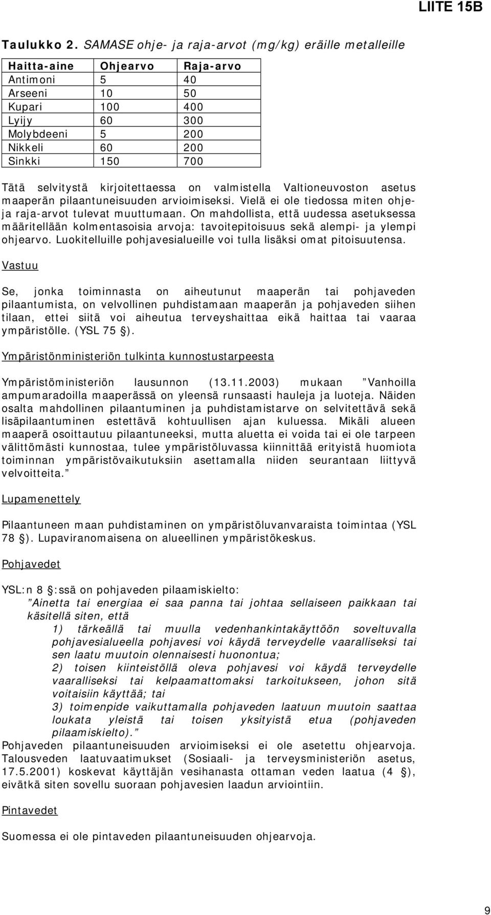 selvitystä kirjoitettaessa on valmistella Valtioneuvoston asetus maaperän pilaantuneisuuden arvioimiseksi. Vielä ei ole tiedossa miten ohjeja raja-arvot tulevat muuttumaan.