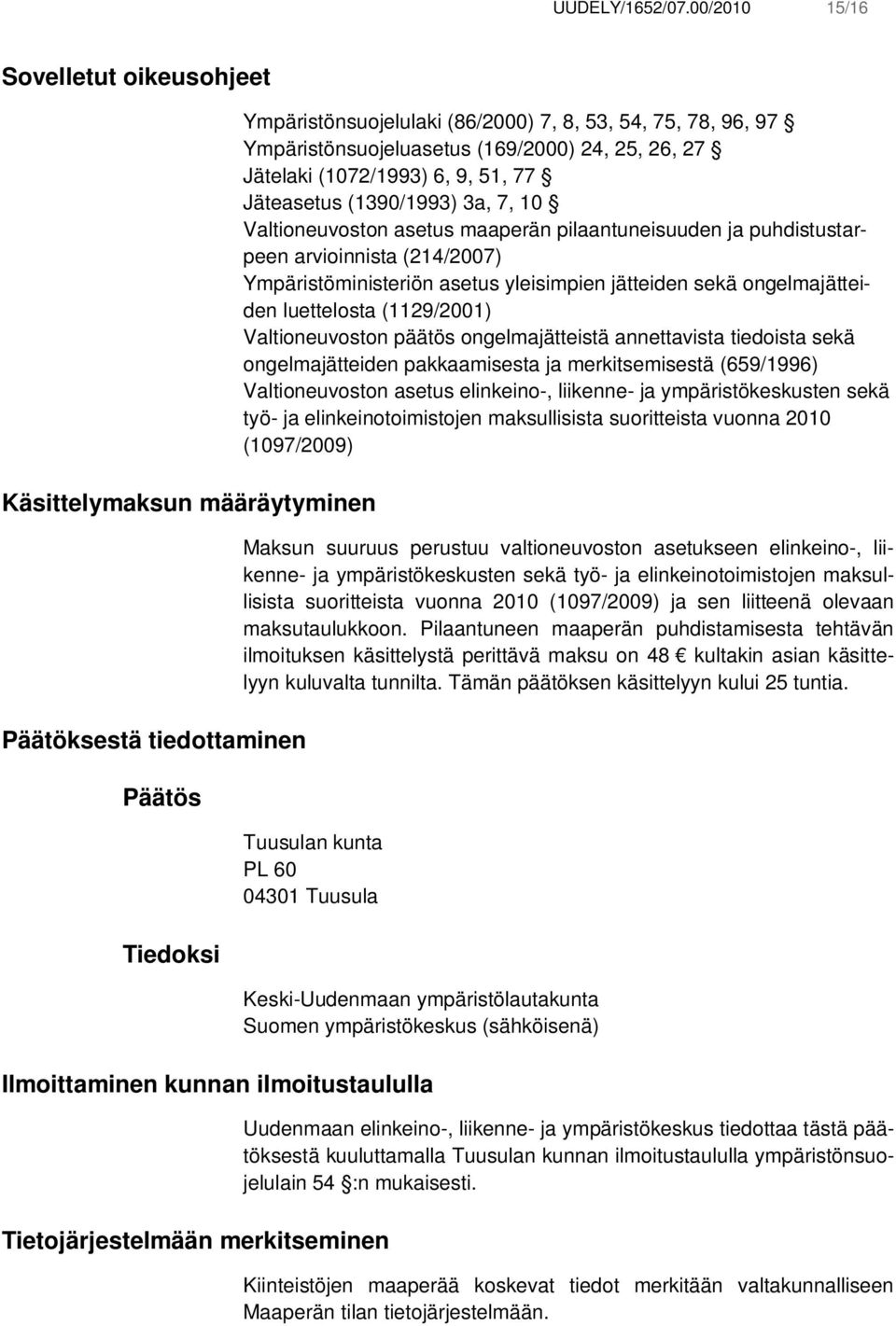 (169/2000) 24, 25, 26, 27 Jätelaki (1072/1993) 6, 9, 51, 77 Jäteasetus (1390/1993) 3a, 7, 10 Valtioneuvoston asetus maaperän pilaantuneisuuden ja puhdistustarpeen arvioinnista (214/2007)